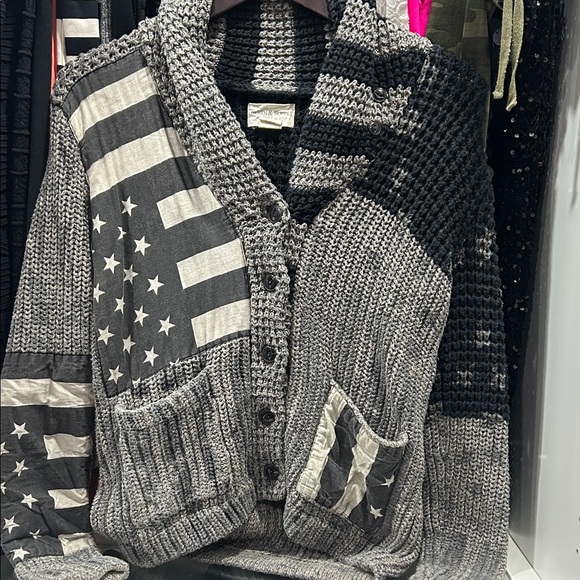 Denim & Supply Ralph Lauren Sweaters - Gray and Black Patchwork Cardigan . Patriotic Cozy Denim and Supply Ralph Lauren